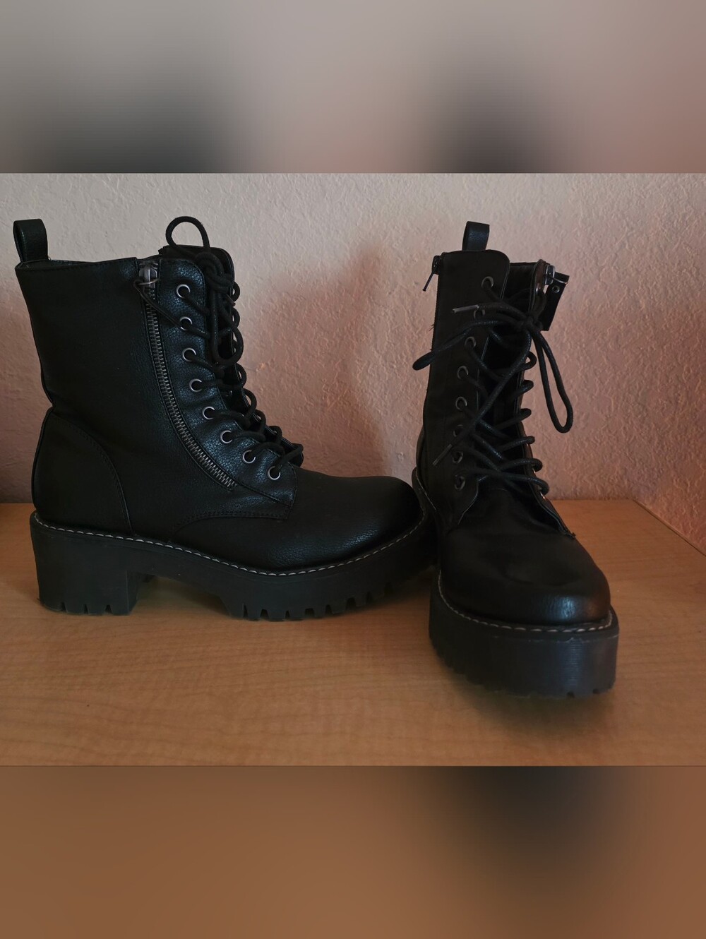 Black Lace-Up Platform Combat Boots - Women's
